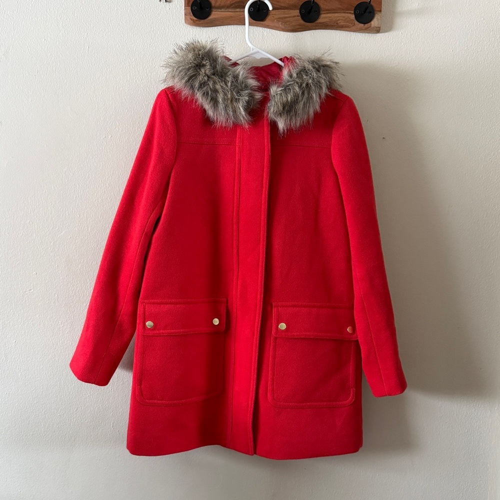 J. Crew Red Wool Blend Detachable Faux Fur Trim Hooded Parka Coat Size 4